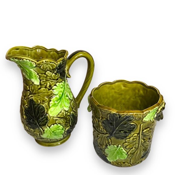 Mid-Century Modern Green Leaf Inspired Majolica Ceramic Pitcher & Planter RARE - Picture 2 of 11